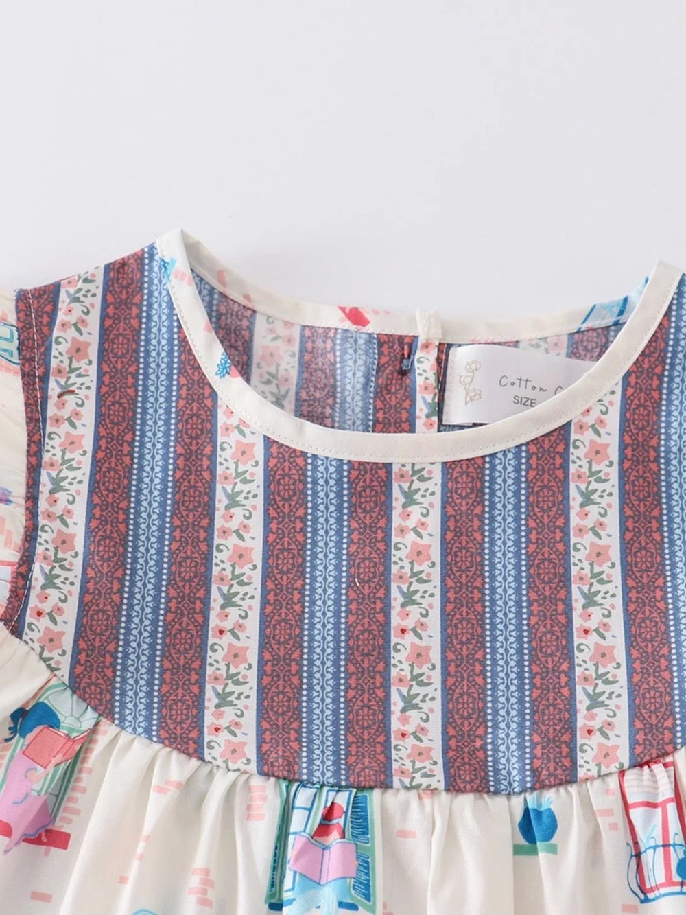 NWT Cream Print Ruffle-Yoke Kids Dress with Green Trim